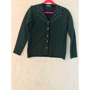 Imagination Vintage Beaded Geometric Knit Cardigan Sweater Green Blue Womens M
